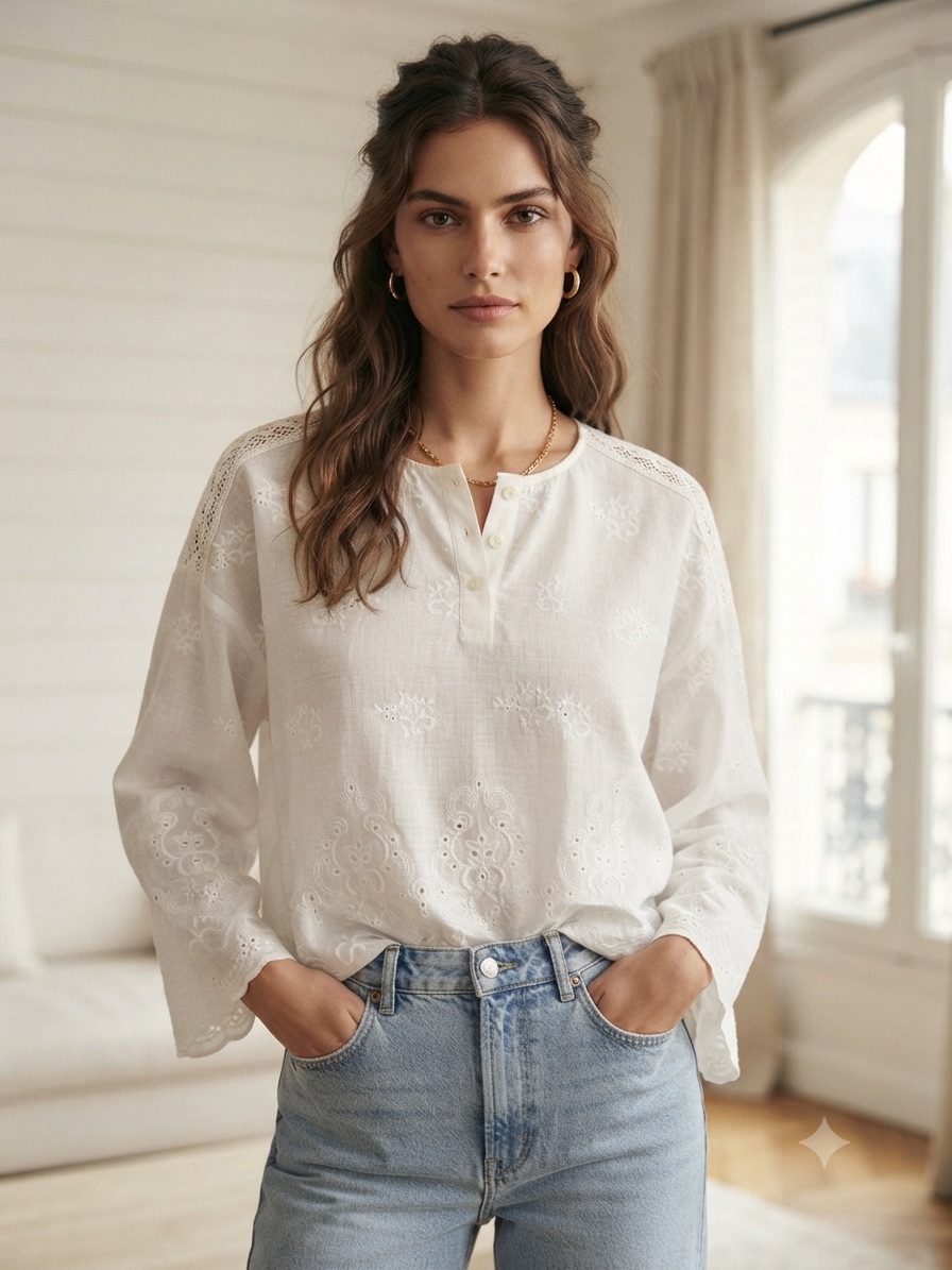 Zara White Embroidered Lace Henley Blouse Eyelet Long Sleeve Cotton Boho Top M